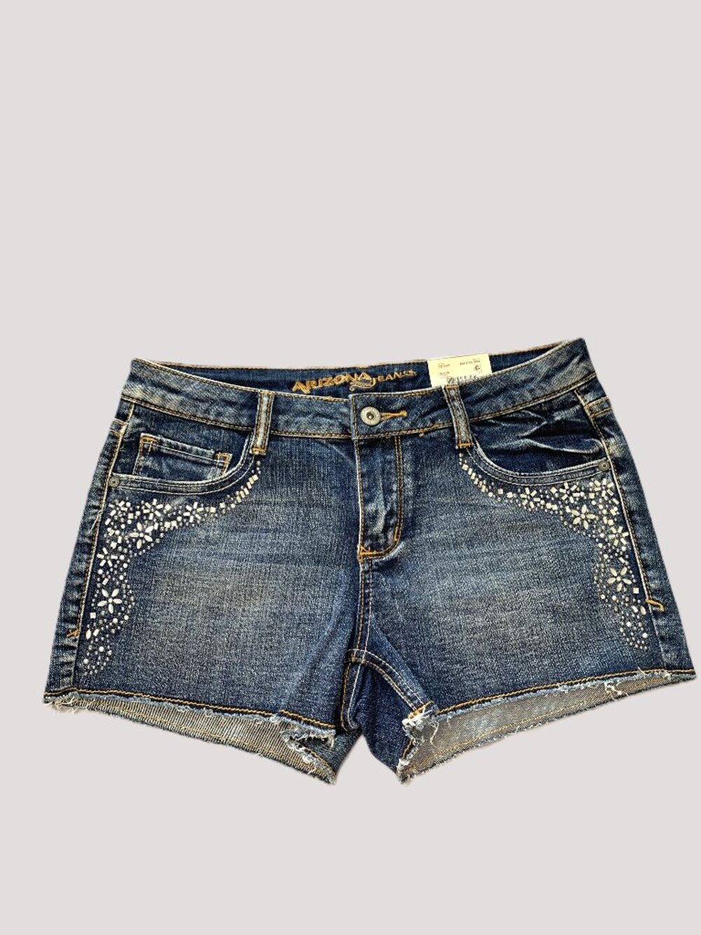 Brand New Arizona Women Blue Jean Shorts Frayed Hem Rhinestones Size 7